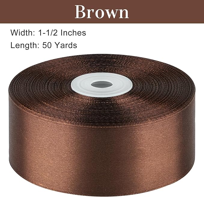 1-1/2 Inches 50 Yards Brown Satin Ribbon, Solid Fabric Ribbon Roll for Flower Bouquets, Gift Wrapping, Wedding, Handmade Crafts