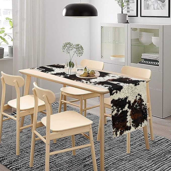 Cow Print Table Runner, Black White Cowhide Print Western Style Table Runner Country Farmhouse Cottage Cow Patten Table Decoration for Home Kitchen Dining, 13x120 Inch