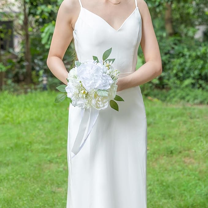 ponatia White Wedding Bouquets for Bride Bridesmaid, Wedding Artificial Roses Flowers for Wedding Bouquets Ceremony, Anniversary (White & Ivory)