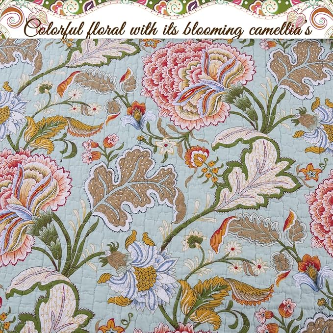 Cozy Line Home Fashions Blooming Red White Floral 100% Cotton Reversible Quilt Bedding Set, Coverlet Bedspread (Camellia Green, King - 3 Piece)
