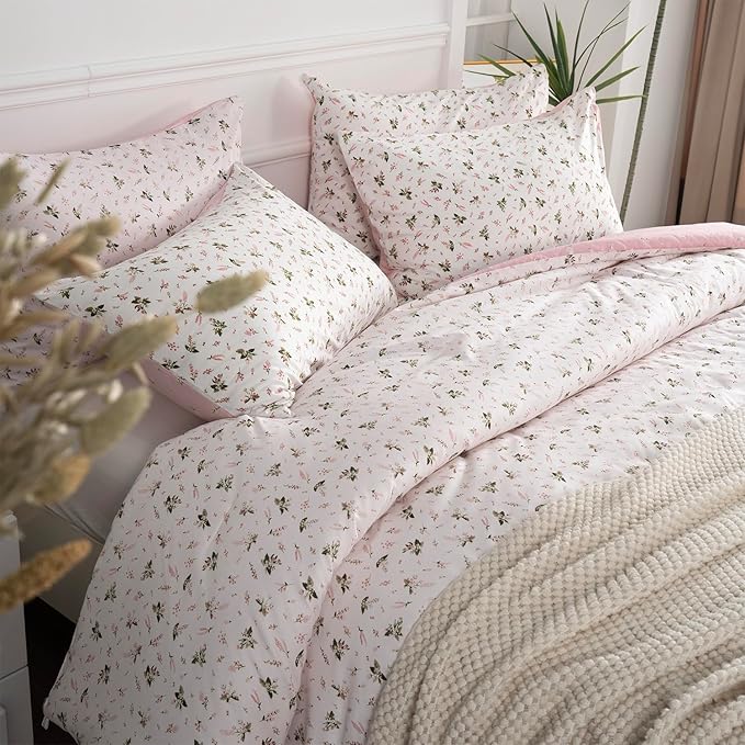 Comforter Twin Floral 2-Piece Soft Bedding Set - Garden Style Pink Flower Print Botanical Comforter & Pillowcases for All Seasons
