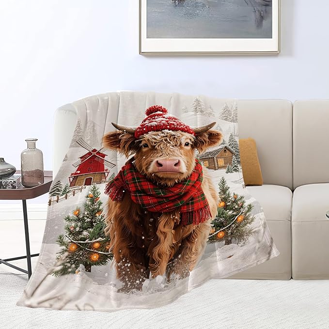 Highland Cow Blanket Christmas Cattle Throw Blanket Winter Snow Soft Cozy Fleece Fuzzy Stuffed Plush Farm Animal Flannel Gifts for Girls Women Boys Kids Adults 60"X80"