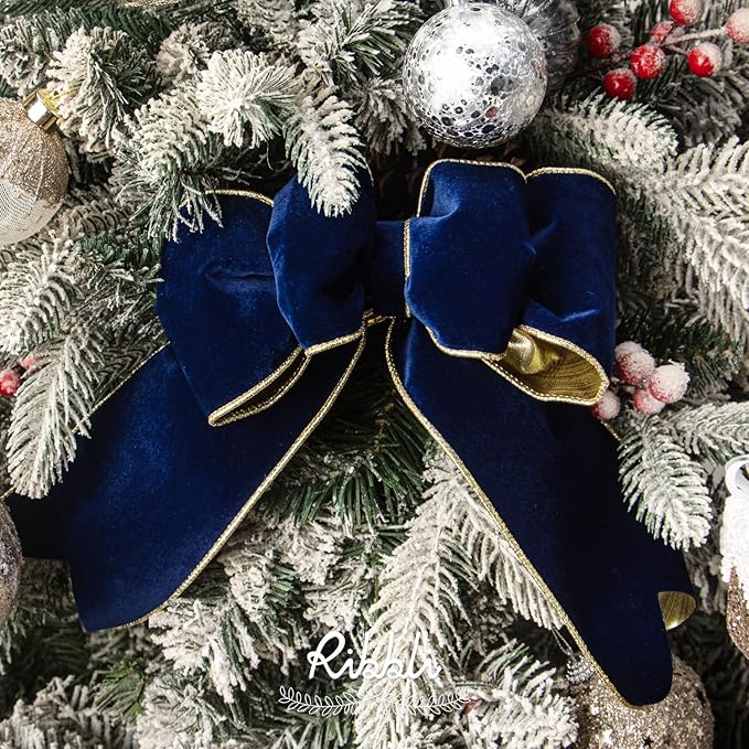 Ribbli Navy Velvet Wired Ribbon 4 Inch Luxury Matte Velvet Christmas Ribbon for Gift Wrapping Christmas Tree Decoration Crafts Wreaths Supplies - 10 Yards