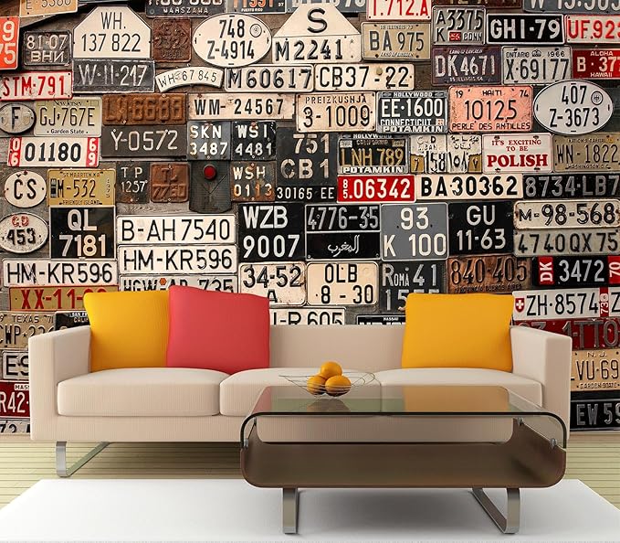 Eierme-Old License Plates from Around The World Mural Wallpaper Peel and Stick 90" x 67"