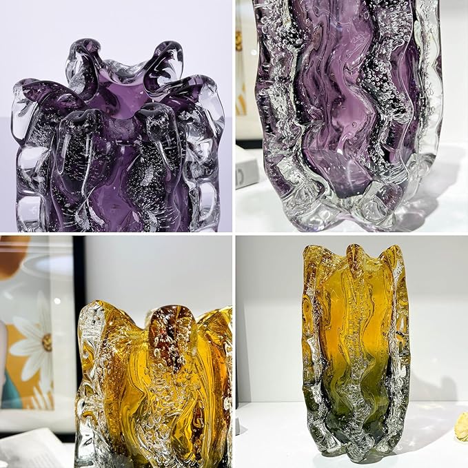 Blown Glass Bubble with Ruffled Edge Vase, Art Glass for Home Decor, Tall Vases for Centerpieces & Flowers, Crystal-Like for Bouquets & Pampas Grass, Vases Amber, Flower Bouquet Display (Yellow, S)