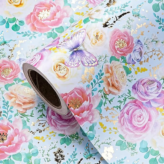 WRAPAHOLIC Floral Wrapping Paper Roll - Mini Roll - 17 Inch x 16.5 Feet - Elegant Gold Foil Butterfly and Flower Wrapping Paper Perfect for Wedding, Birthday, Bridal Shower, Tea Party