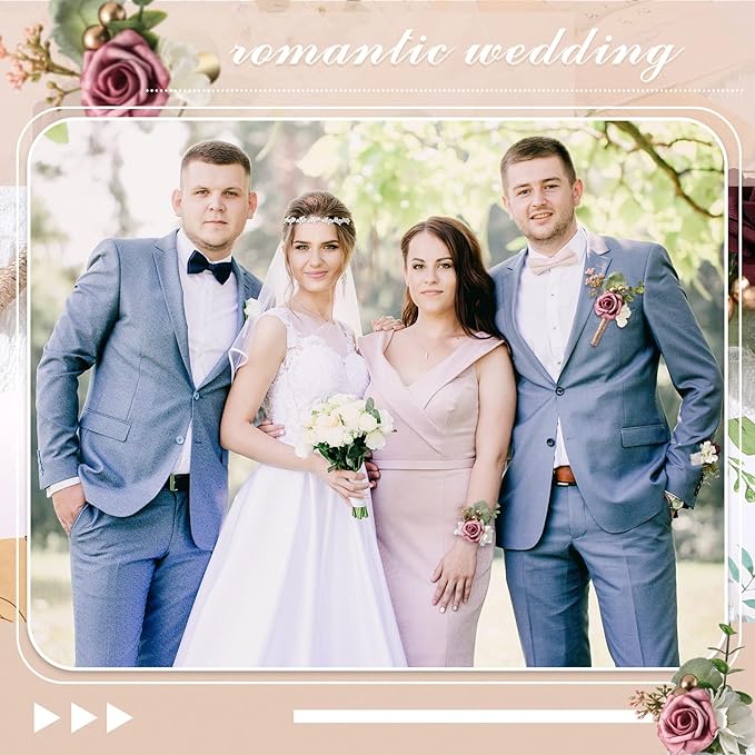 12 Pcs Wedding Wrist Corsage and Boutonniere Set Rose Wrist Corsage for Prom Boutonniere for Men Wedding Flowers Accessories Prom Suit Decorations for Wedding Ceremony Anniversary (Dusty Rose)