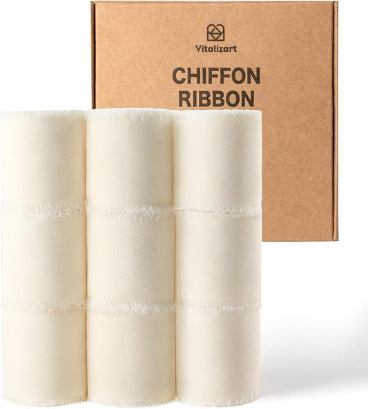 Vitalizart 9 Rolls 1.5" x 45 Yd Cream White Handmade Chiffon Silk Ribbon Fringe Frayed Edges Ribbons for Wedding Invitations Bridal Bouquets Gifts Wrapping Crafts Holiday Decor