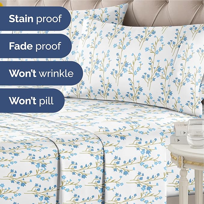 Floral Sheets - Blue Floral Bed Sheet Set - 1 Flat, 1 Fitted & 2 Pillowcases w/ Deep Pockets - Comfy, Wrinkle & Fade Free - Boho Botanical Bedding - Ultra-Soft, Breathable & Cooling - King Size Set