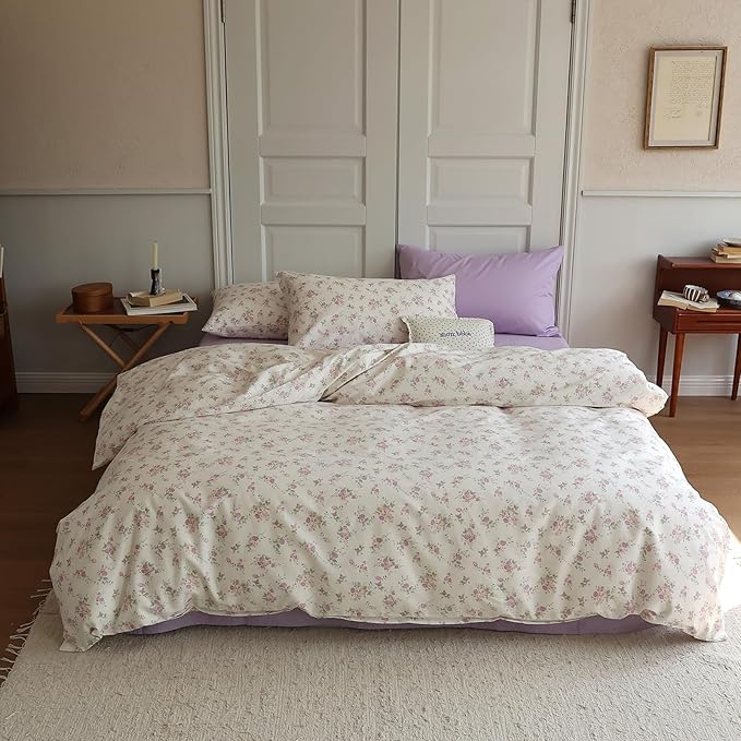 EAVD Vintage Style Botanical Floral Duvet Cover Queen White Soft Cotton Chic Shabby Garden Pink Purple Floral Bedding Set with 2 Pillowcases Reversible Botanical Duvet Cover with Zipper Closure