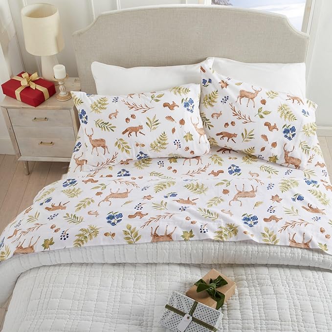 Market & Place 100% Cotton Queen Flannel Sheet Set | 4 Piece Deep Pocket Novelty Cozy Winter Bed Sheets | Double Brushed for Extra Softness & Comfort | Alpine Collection (Queen, Woodland Forest)