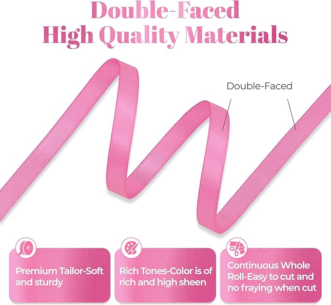 Hot Pink Satin Ribbon, Double Faced 1/4 Inch X 50 Yards Hot Pink Ribbon, Premium Satin Ribbon for Gift Wrapping, Crafts, Hair Bow Making, Sewing, Flower Bouquet, Wedding Party Decor