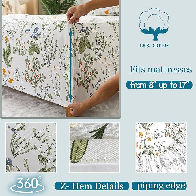 Zusbest King Size Sheets 100% Percale Cotton Green Floral Bed Sheet Set Yellow Flower & Green Leaves Botanical Pattern Printed on White Garden Luxury Crisp Soft Deep Pocket Fitted Sheet 17.5'' 4Pcs