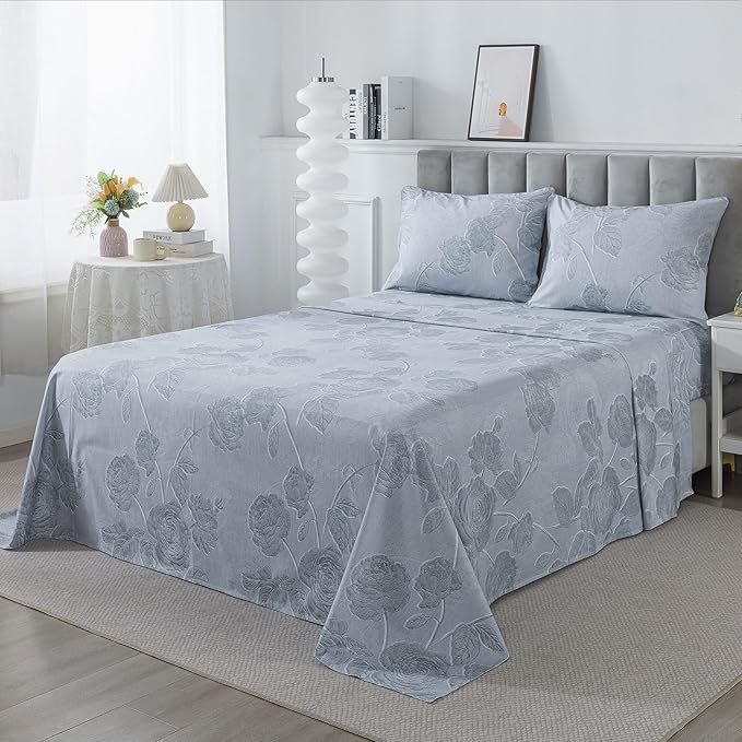 FADFAY Grey Vintage Floral Queen Size Sheets Set 100% Brushed Cotton Shabby Rose Flower Pattern Bedding Set Deep Pocket Sheets with 2 Pillowcases Luxury Breathable Soft 4pcs, Queen Size