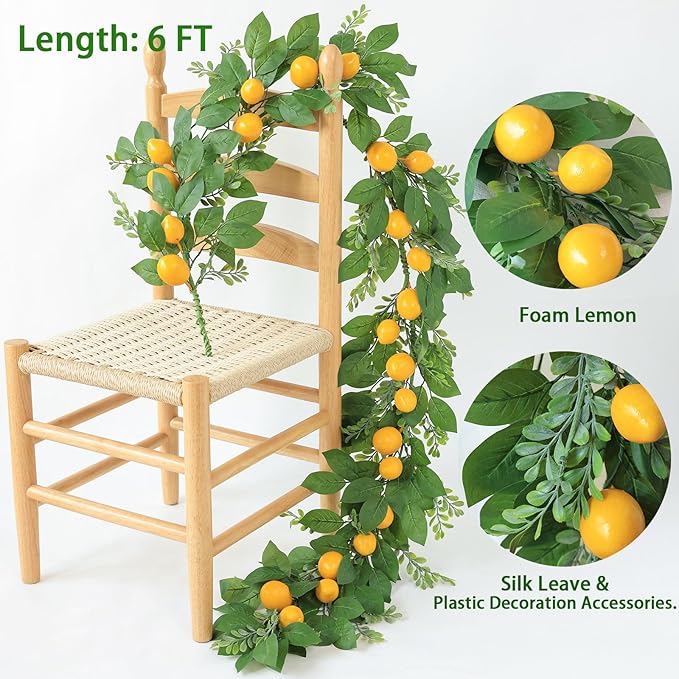 Mizii Artificial Lemon Garland 6FT Fake Fruit Lemons Garland Hanging Vines with Green Leaves Greenery Decorations for Kitchen Table Centerpieces Room Wall Party Wedding Birthday Decor (Lemon)