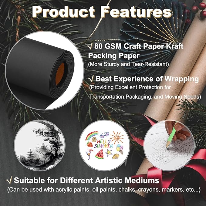 PATIKIL Wrapping Paper, 20"x1200"(100') Bulletin Board Paper Roll Kraft Paper Roll Construction 80GSM for Shipping Packing Gift Wrapping Craft Flower Bouquet Christmas, Black