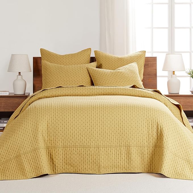 Levtex Home Cross Stitch Reversible King Bedspread Set (120x104in) with 2 Pillow Shams (36x20in) - Stitch Texture - Ochre - Cotton King Size Bedspread Set - Soft, Pre-Washed