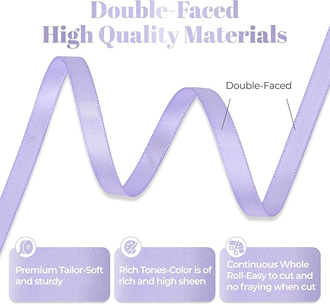 Premium Double Faced Satin Lavender Ribbon, 1/4 Inch X 50 Yards, Polyester, Wedding, Birthday, Holidays, Purple Lavender