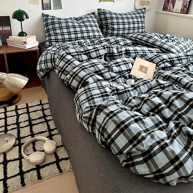 LifeTB 3 Pieces Plaid Comforter Set Full Size, Soft Fluffy Vintage Plaid Checkered Comforter with 2 Pillowcases, Lightweight Breathable Grey Black Gingham Bedding Comforter Farmhouse Grid Bedding Set