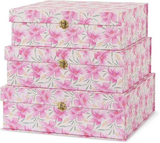 Soul & Lane Pink Floral Cardboard Decorative Storage Boxes with Gold Hardware - Set of 3, Garden Blush - Stacking Boxes with Lids for Home Decor and Organizing, Elegant Design