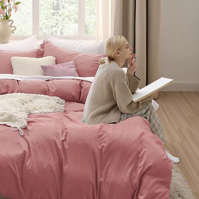 Bedsure Pink Clay Duvet Cover Queen Size - 3 Pieces Prewashed Cotton-Like Extra Soft Bedding Set, Includes 1 Duvet Cover 90x90 Inches with Zipper Closure & 2 Pillow Shams, Comforter Not Included
