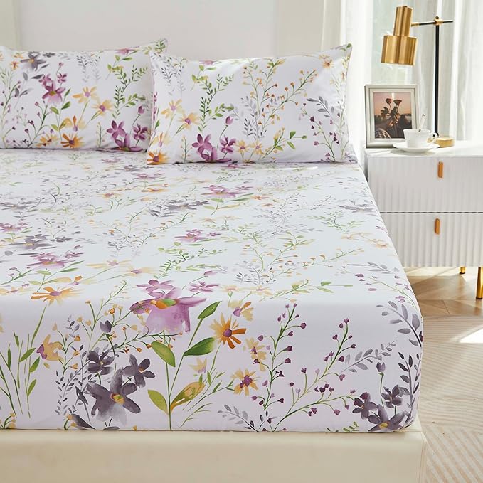 Brandream Garden Style King Size Sheets Set 4 Pieces Breathable Luxury Bed Sheets, Deep Pockets 18" Cooling Bed Sheets Farmhouse Bedding 800 Thread Count 100% Egyptian Cotton, Purple White Green