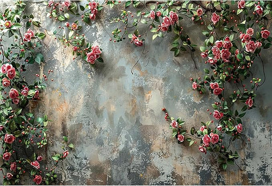 Baocicco 8x6.5ft Vinyl Old Floral Wall Photography Background Retro Texture Wall Grain Pink Rose Fairytale Birthday Backdrops Medieval Wedding Events Party Decorations Newborn Baby Shower Studio