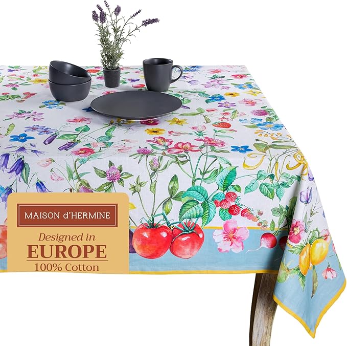 Maison d' Hermine Table Cloth Rectangle Table 100% Cotton 70 x 108 Inches Tablecloth Reusable Decorative Everyday Use for Dining Room, Farmhouse, Home, Party, Festive & Wedding Spring Summer - Giverny