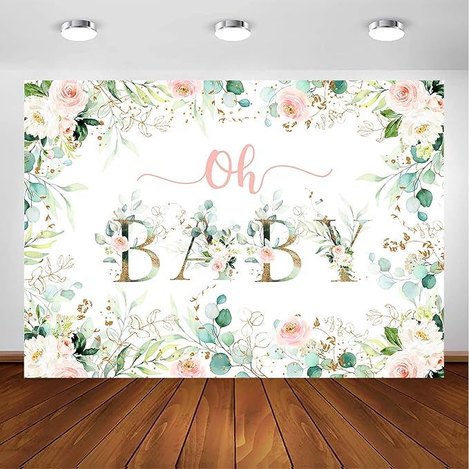 Avezano Greenery Girl Oh Baby Backdrop for Baby Shower Decoration Photography Background Blush Pink and Gold Floral Eucalyptus Greenery Leaves Baby Girl's Shower Party Photoshoot (10x7ft)