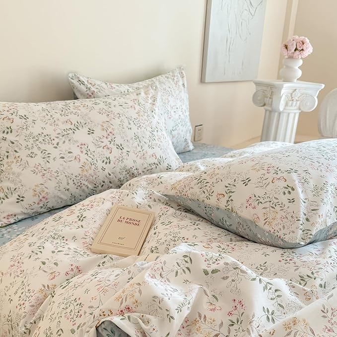 EAVD Girls Floral Botanical Duvet Cover Twin Soft Cotton Chic Shabby Garden Floral Leaves Print Bedding Set with 2 Pillowcases Fresh Cute Floral Comforter Cover with Zipper Closure