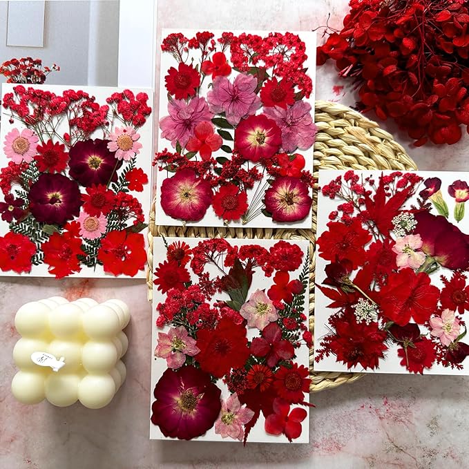 94 Pcs Red Pressed Dried Flowers for Resin, Real Natural Bulk Dry Wildflowers Leaves Perfect for Epoxy Molds, DIY Crafts, Home Decor, Soap Candles Jewelry Making