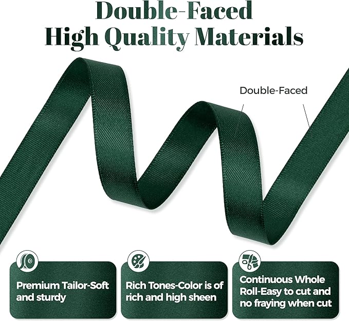 Hunter Green Satin Ribbon, Double Faced 1/2 Inch X 50 Yards Hunter Green Ribbon, Premium Satin Ribbon for Gift Wrapping, Crafts, Hair Bow Making, Sewing, Flower Bouquet, Wedding Party Decor