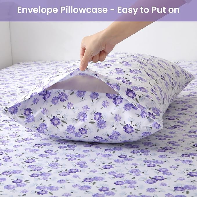 Softan Puple Floral Queen Sheet Set, 4-Piece Microfiber Printed Fitted Sheet with 15" Deep Pockets & Non-Slip Straps, White Flower Patterned Bedding Sheets & Pillowcase Set