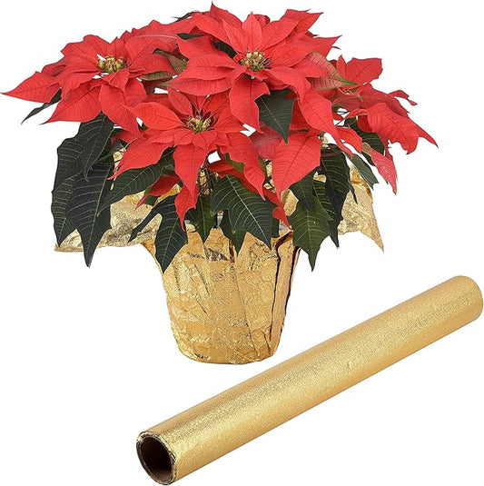 Adnee 10 Yard Floral Foil Plant Pot Covers,Matte Texture Christmas Plant Pot Foil,Golden Floral Pot Wrapping Paper for Christmas Home Flower Pot DIY decor