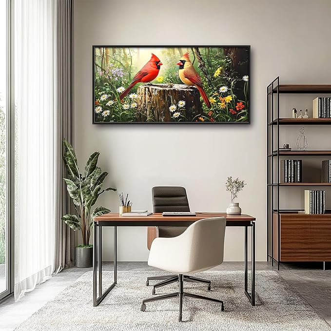Cardinal Bird Large Decor Framed Wall Art Forest Pictures for Living Room, Oversized Canvas Print Painting Modern Extra Large Framed Artwork for Bedroom Office Home Decor 60"x30"
