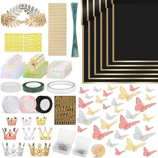 260Pcs Flower Bouquet Wrapping Paper Kit, 60 Sheets Black Waterproof Paper, 36 Butterflies, 8 Crowns, 1 Headband, 4 Ribbons, 15 Cards, 100 Diamond Pins, 30 Floral Wire, 3 Stickers, 3 Tapes (Black)