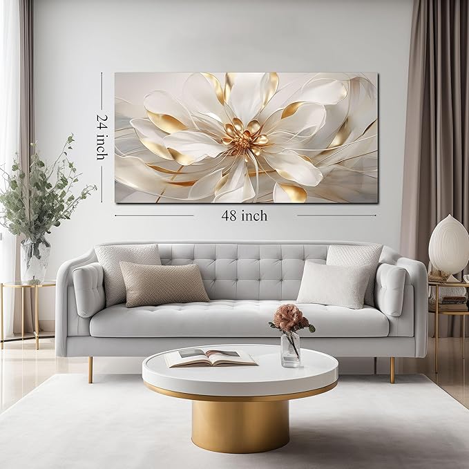 Flower Pictures Wall Decor for Office Women White and Gold Wall Art Girl Room Decoration Bedroom 24 x 48 Inch