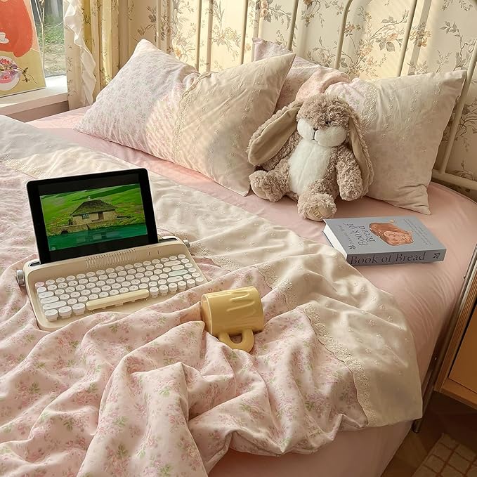 LifeTB Pink Floral Duvet Cover Queen Romantic Lace Bedding Set Garden Style Cottagecore Flower Duvet Cover with Zipper Closure Soft Washed Microfiber Botanical Comforter Cover for Teen Girls