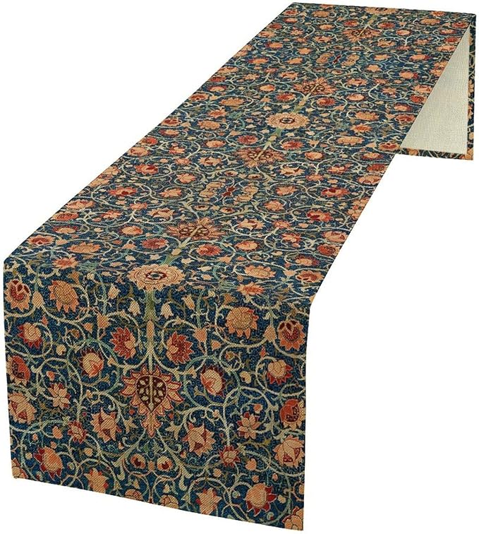 William Morris Table Runner, Boho Rustic Ethnic Flower Original Design Print Table Runner for Home Party Dining Room Kitchen Decor 13x108 Inch