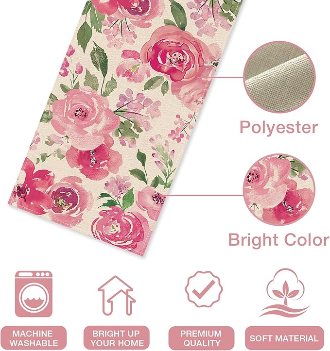 Seliem Spring Summer Watercolor Flower Table Runner, Pink Peony Floral Kitchen Dining Table Decor, Seasonal Burlap Home Decoration Indoor Outdoor Party Supply 13 x 108 Inches