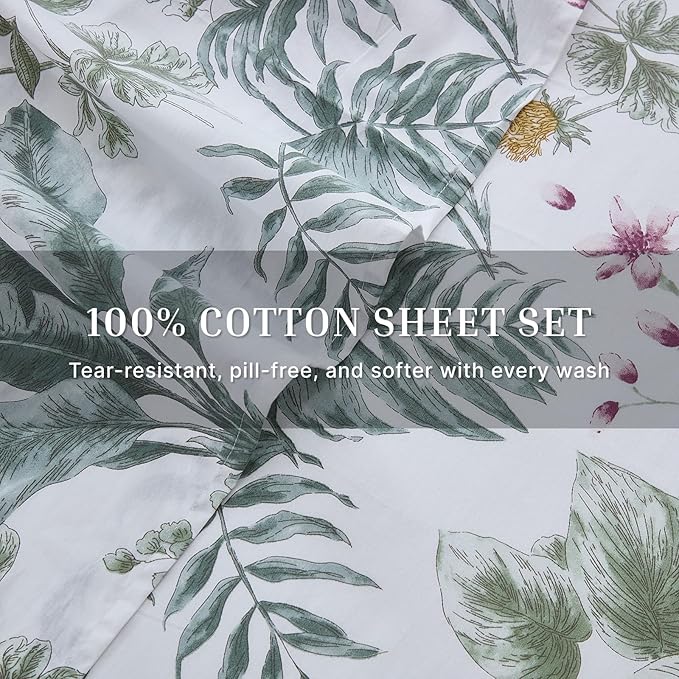 100% Cotton Sheet Set King Size – 4-Piece Vintage Sage Green Floral Bedding Set, Soft Breathable Percale Weave, Deep Pocket Fitted Sheet 17.5", Crisp Cool Feel, Refined Botanical Elegance