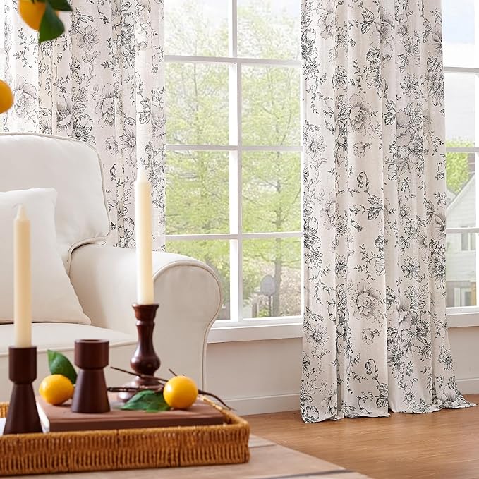 jinchan Linen Blend Curtain Floral Curtains Extra Wide for Living Room 84 Inch Length Black Printed Curtain Back Tab Farmhouse Peony Flower Patterned Drapes Bedroom Window Curtains Set 2 Panels