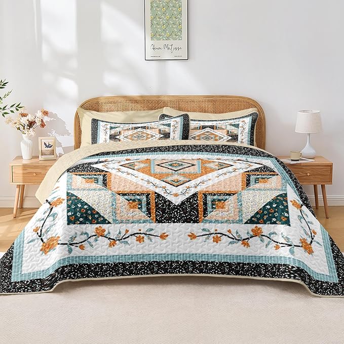 Quilt Set King Size, Farmhouse Floral 3 Pcs Soft Bed Cover Bedding Set, Boho Rustic Geometric Lightweight Bedspread Coverlet with 2 Pillow Sham for All Season