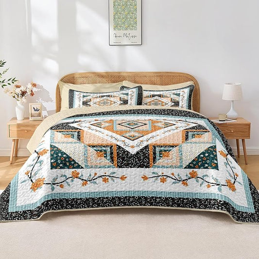 Quilt Set King Size, Farmhouse Floral 3 Pcs Soft Bed Cover Bedding Set, Boho Rustic Geometric Lightweight Bedspread Coverlet with 2 Pillow Sham for All Season