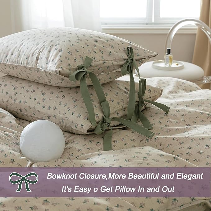 VM VOUGEMARKET Green Purple Flower Duvet Cover Set King 100% Cotton 3 Pcs Girls Blossom Comforter Cover with Zipper Closure Cottagecore Style Duvet Cover + 2 Pillowcases with Bowknot-104x90 Inch