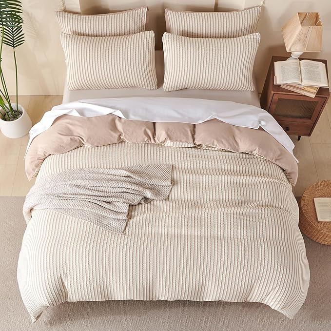 Striped Duvet Cover Queen Beige Washed Microfiber Jacquard 3 Pieces Bedding Set, White Beige Vertical Ticking Stripes Pattern Comforter Cover with Zipper Closure Breathable Durable Soft Comfy