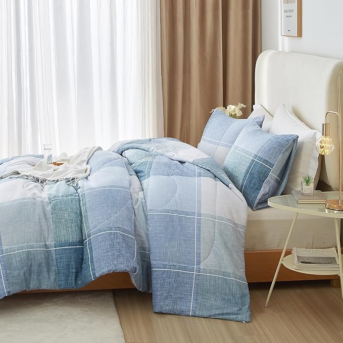 LifeTB Blue Checkered Comforter King Comforter Set Geometric Checkered Plaid Bedding Comforter for Men Boys Fluffy Soft Lightweight Bedding Boho Plaid Comforter Set for All Seasons King Size