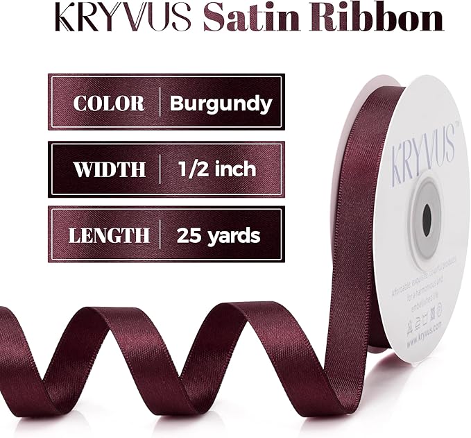 Burgundy Satin Ribbon, Double Faced 1/2 Inch X 25 Yards Burgundy Ribbon, Premium Satin Ribbon for Gift Wrapping, Crafts, Hair Bow Making, Sewing, Flower Bouquet, Wedding Party Decor