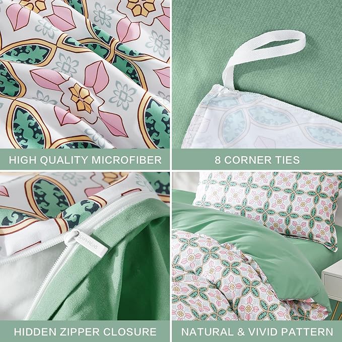 SAPHREAS King Boho Duvet Cover Green Paisley Bedding Set with 8 Corner Ties and 2 Pillow Shams Microfiber Reversible Duvet Cover Set with Zipper Closure