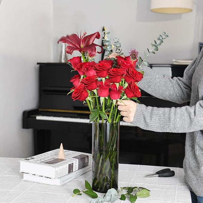 Flower Vase, Non-breakable Vases, 8" W x 8" H, Acrylic Grey Vase, Aesthetic Room Decor Cylindrical Modern Flower Vases for Table Centerpiece, Home Decor, Women Floral Arrangement Gift